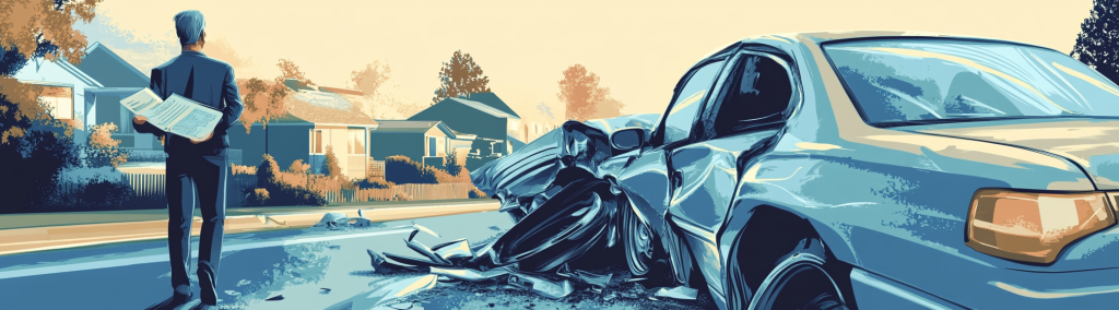 A man stands on a suburban street holding a newspaper, looking at a severely damaged car with crumpled metal. Houses and trees are in the background.